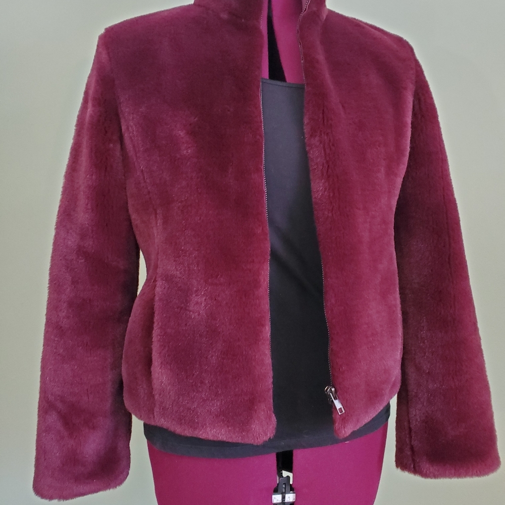 Nine West Faux Fur Satin Lined Maroon Wine Coat 4